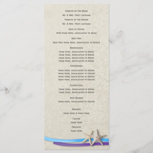 Zeester en lint paars en blauw programmakaart (Achterkant)