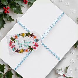 Zeester en Plumeria Bloemen Kerstgrens Cadeaulabel