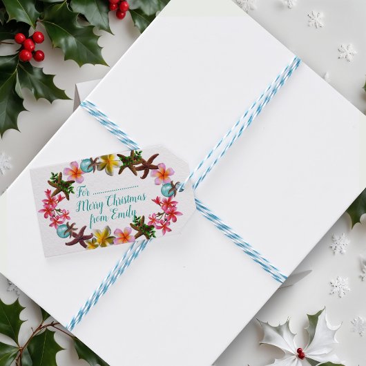 Zeester en Plumeria Bloemen Kerstgrens Cadeaulabel