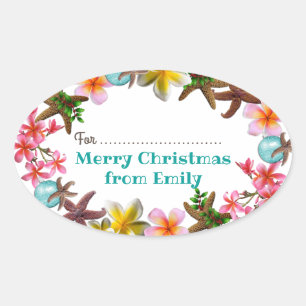 Zeester en Plumeria Bloemen Kerstgrens Ovale Sticker