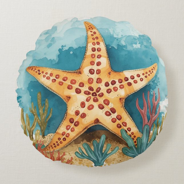Zeester en Tropisch Oceaangebied Paradijs Rond Kussen (Voorkant)