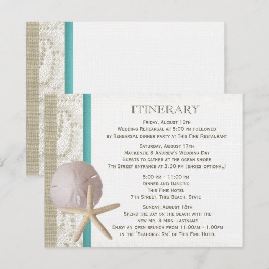 Zeester en Zanddollar Blauwgroen Oceaan Romance Informatiekaartje (Voorkant / Achterkant)