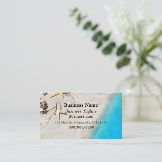 Zeester en zandstrand met blauwe golven visitekaartje (Staand voorkant)