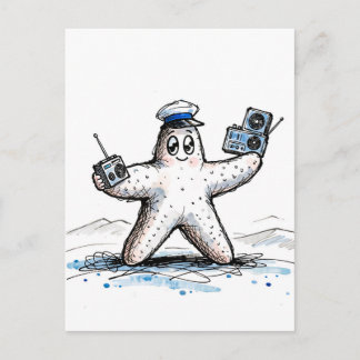 Zeester grooving met radio's in kustinkt illustrat briefkaart