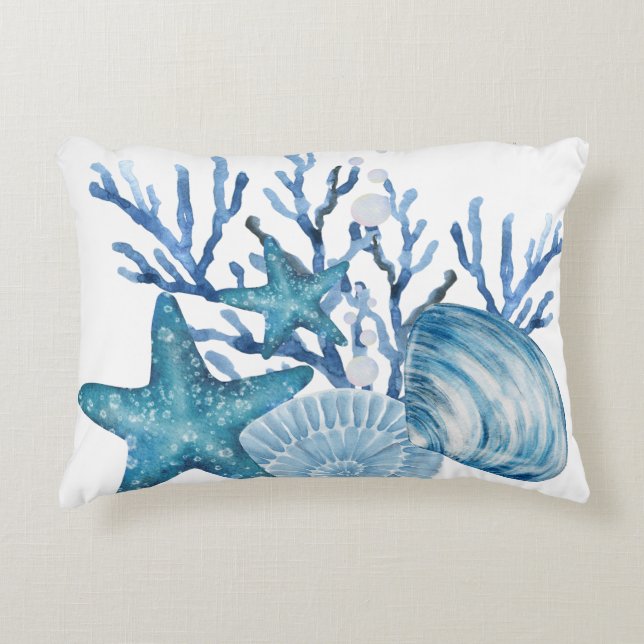Zeester Koraal Blauwe Aquarel Strand Kunst Accent Kussen (Voorkant)