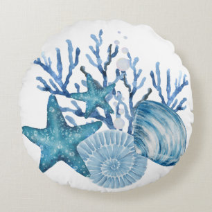 Zeester Koraal Blauwe Aquarel Strand Kunst Rond Kussen