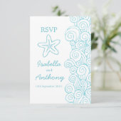 Zeester & krullen blauw & wit kunst trouw-RSVP RSVP Kaartje (Staand voorkant)
