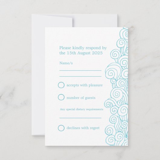 Zeester & krullen blauw & wit kunst trouw-RSVP RSVP Kaartje (Achterkant)