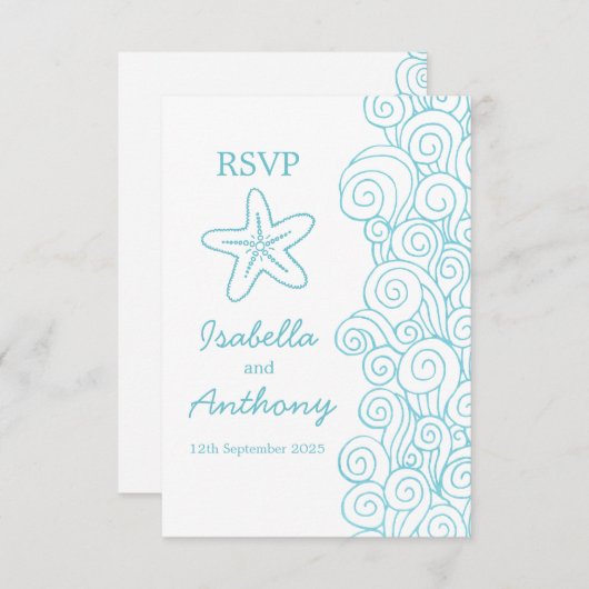 Zeester & krullen blauw & wit kunst trouw-RSVP RSVP Kaartje (Voorkant / Achterkant)