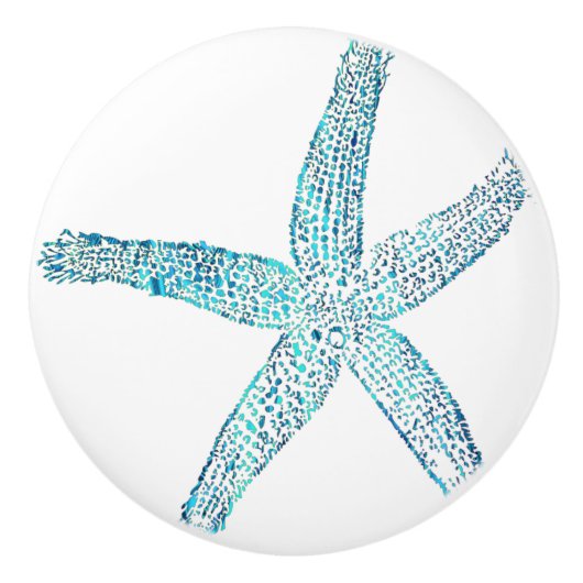 Zeester Kuststrand Blauwgroen Blauw Wit Nautisch Keramische Knop (Voorkant)