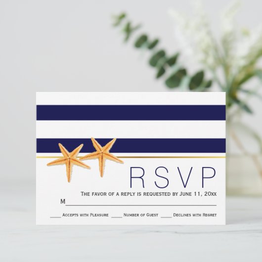 Zeester & marine blauwe strepen strand bruiloft RS RSVP Kaartje (Staand voorkant)