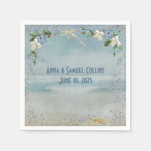 zeester met lijst en strandbloemen servetten (Voorkant)