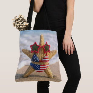 Zeester met vlaggen bikini en ster zonnebril tote bag