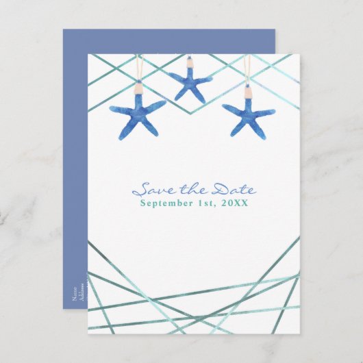 Zeester & Moderne Lijn Elegante Beach Save the Dat Aankondigingskaart (Voorkant / Achterkant)