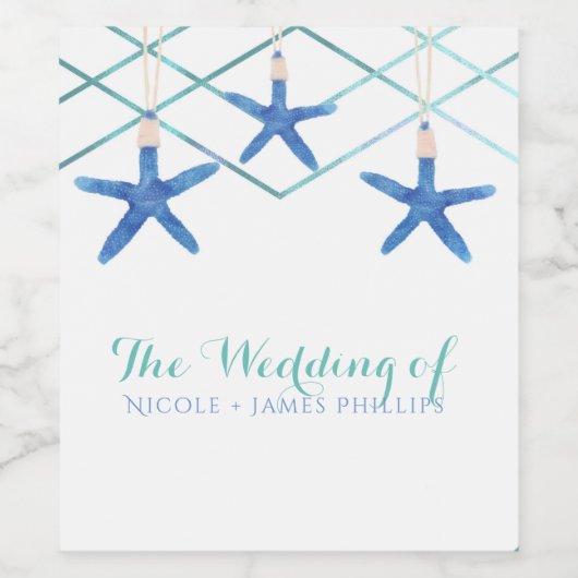 Zeester & Moderne Lijnen Elegante Strand Aangepast Wijn Etiket (Enkel label)