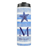 Zeester Monogram Strand Nautische Streep Waterverf Thermosbeker (Voorkant)