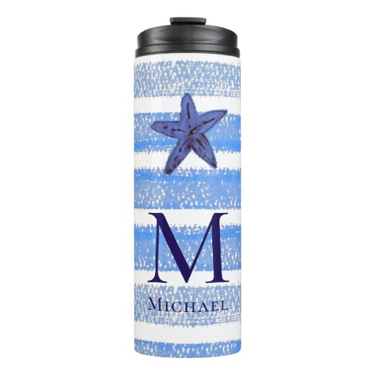 Zeester Monogram Strand Nautische Streep Waterverf Thermosbeker (Voorkant)