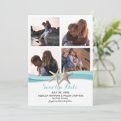 Zeester Oceaan Blauw Strand Bruiloft Multi Foto Save The Date (Staand voorkant)