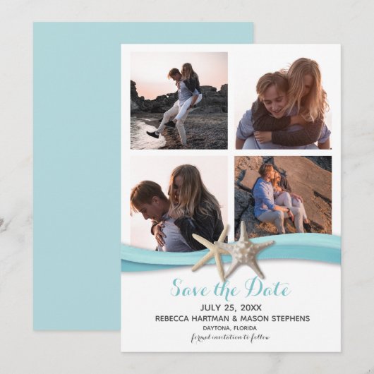 Zeester Oceaan Blauw Strand Bruiloft Multi Foto Save The Date (Voorkant / Achterkant)