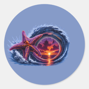 Zeester Oceaan Golf Zonsondergang Design Tropisc Ronde Sticker