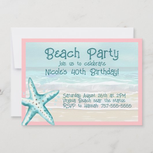 Zeester Oceaanstrandfeest Aqua & Roze Waterverf Kaart (Voorkant)