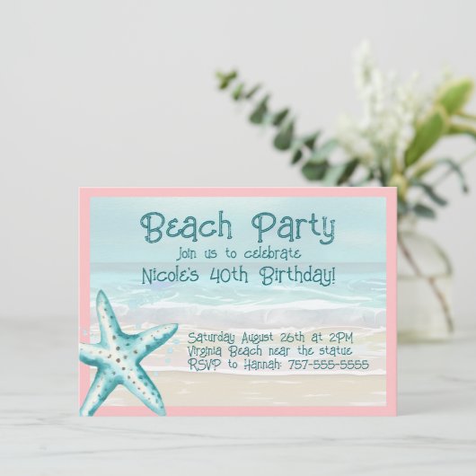 Zeester Ocean Beach Feest Aqua & Roze Waterverf Kaart (Staand voorkant)