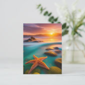Zeester op het strand bij dageraad briefkaart (Staand voorkant)