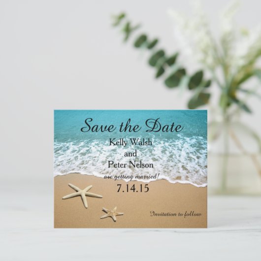 Zeester op het strand Save the Date kaart (Staand voorkant)