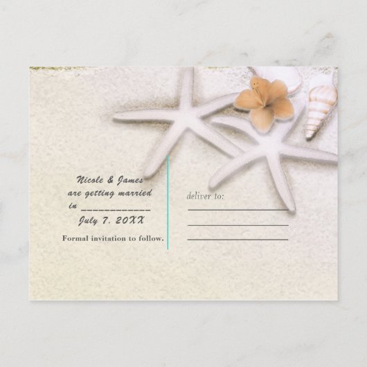 Zeester op het strand Turkoois zeewater Save the D Aankondigingskaart (Achterkant)