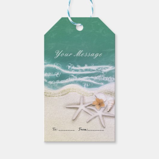 Zeester op het strand turquoise zeewater feestarti cadeaulabel (Voorkant)