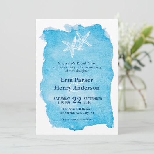 Zeester op Waterverf bruiloft uitnodiging (Staand voorkant)