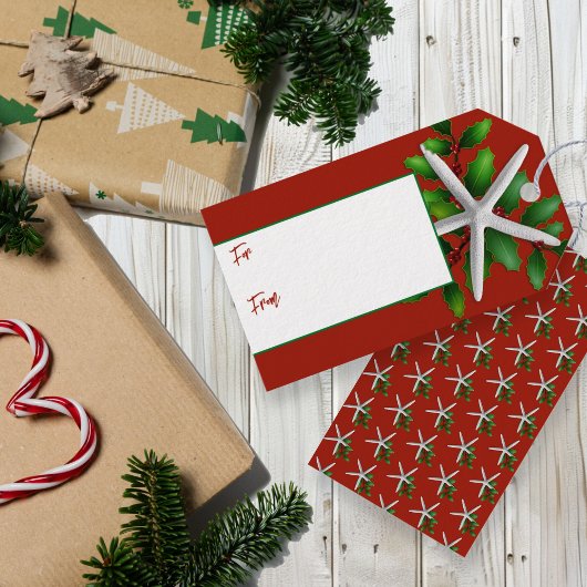 Zeester Rode Kerst Stropdas op Gift Labels Cadeaulabel