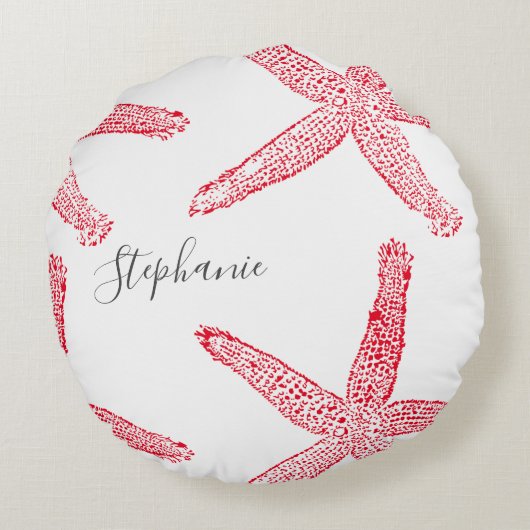 Zeester Rode Witte Strandgrijze Naam Kerstmis Rond Kussen (Achterkant)