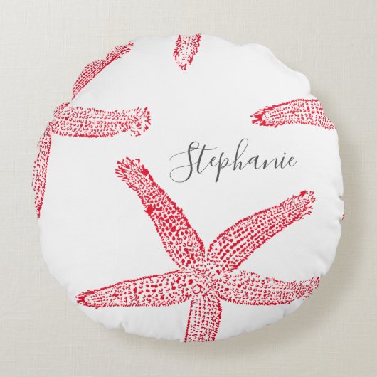 Zeester Rood Wit Strand Naam Sjabloon Kerst Rond Kussen (Voorkant)