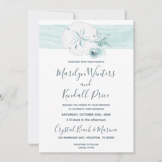 Zeester schelpen moderne elegante strand bruiloft kaart (Voorkant)