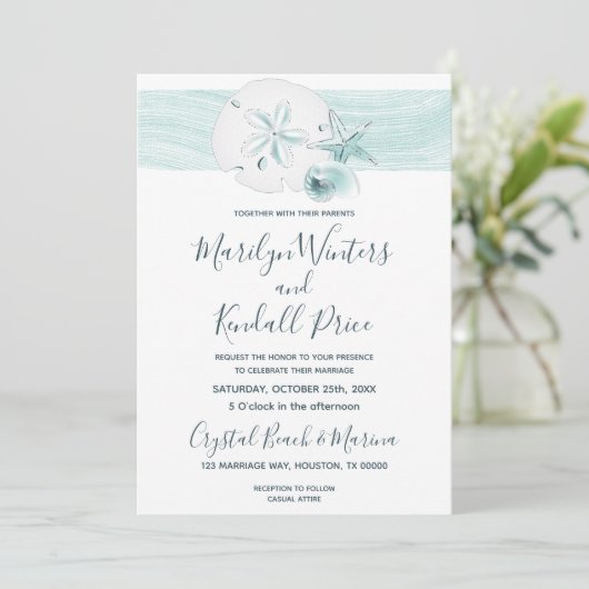 Zeester schelpen moderne elegante strand bruiloft kaart (Staand voorkant)
