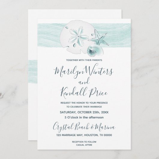 Zeester schelpen moderne elegante strand bruiloft kaart (Voorkant / Achterkant)