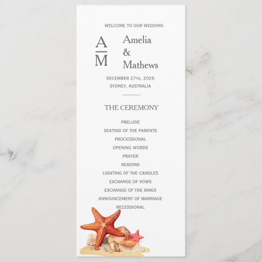 Zeester schelpen strand nautische bruiloft uitnodi menu (Voorkant)