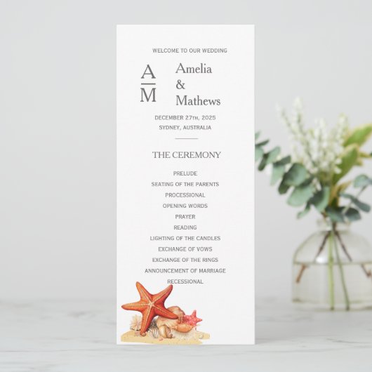 Zeester schelpen strand nautische bruiloft uitnodi menu (Staand voorkant)