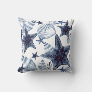 Zeester Shellen Marineblauw En Wit Strand Patroon Kussen