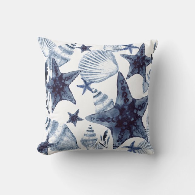 Zeester Shellen Marineblauw En Wit Strand Patroon Kussen (Voorkant)