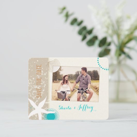 Zeester + Strand Zand Trouwfoto Save the Date (Staand voorkant)