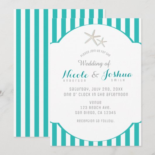 Zeester Teal Turquoise Gestreepte Elegante Strand Kaart (Voorkant / Achterkant)