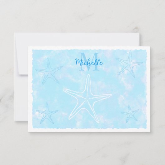Zeester waterverf aangepaste monogram pastelblauw notitiekaartje (Voorkant)