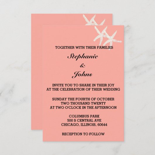 Zeester Witte Zalm Sinaasappel Custom Kleur Weddin Kaart (Voorkant / Achterkant)