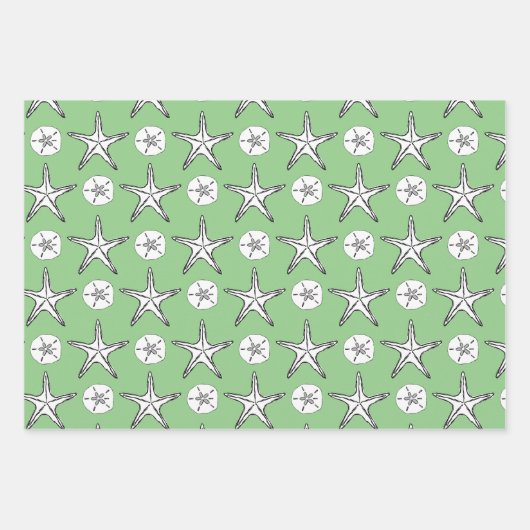 Zeester Zand Dollar Schets Patroon Groen Inpakpapier Vel (Voorkant 3)