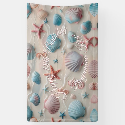 Zeester, Zeeschelp, Zeepaardjes & Pastel Zandfeest Spandoek (Verticaal)