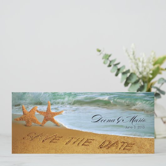 Zeesterpaar Strand Bruiloft Save the Date (Staand voorkant)