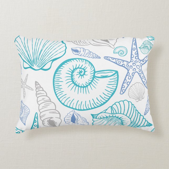 Zeesterpatroon Blauw Beige Turquoise Schelp Accent Kussen (Voorkant)