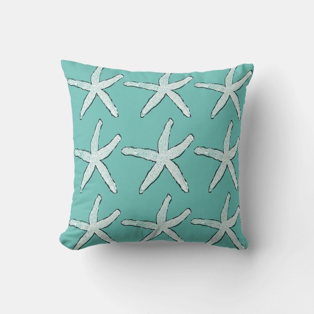Zeesterpatroon Strand Kust Teal Blauw Kerstmis Kussen (Voorkant)